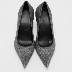 Pre Owned Balenciaga Silver/Black Lurex Fabric Square Knife Pumps Size 38