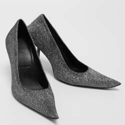 Pre Owned Balenciaga Silver/Black Lurex Fabric Square Knife Pumps Size 38