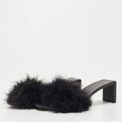 Pre Owned Balenciaga Black Fur Slide Flats Size 38 