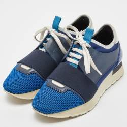 Pre Owned Balenciaga Blue/White Patent,Mesh and Leather Race Runner Sneakers Size 36