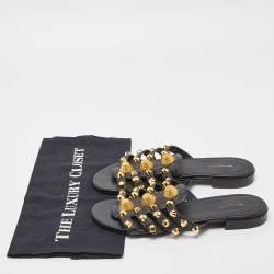 Pre Owned Balenciaga Black Leather Arena Studded Flat Slides Size 37