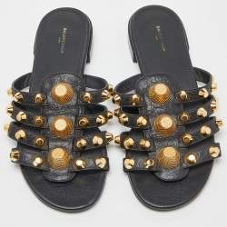 Pre Owned Balenciaga Black Leather Arena Studded Flat Slides Size 37