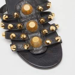 Pre Owned Balenciaga Black Leather Arena Studded Flat Slides Size 37