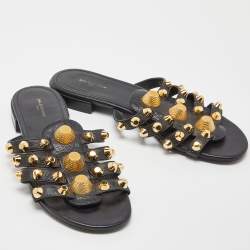 Pre Owned Balenciaga Black Leather Arena Studded Flat Slides Size 37