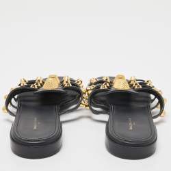 Pre Owned Balenciaga Black Leather Arena Studded Flat Slides Size 37