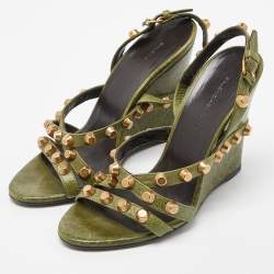 Pre Owned Balenciaga Green Leather Arena Studded Wedge Sandals Size 36.5