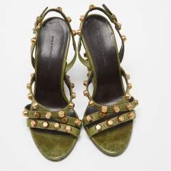 Pre Owned Balenciaga Green Leather Arena Studded Wedge Sandals Size 36.5