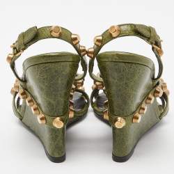Pre Owned Balenciaga Green Leather Arena Studded Wedge Sandals Size 36.5