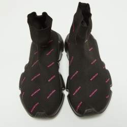 Pre Owned Balenciaga Black/Pink Logo Print Knit Fabric Speed Trainer Sneakers Size 39