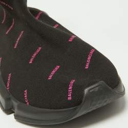 Pre Owned Balenciaga Black/Pink Logo Print Knit Fabric Speed Trainer Sneakers Size 39
