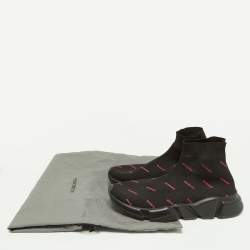 Pre Owned Balenciaga Black/Pink Logo Print Knit Fabric Speed Trainer Sneakers Size 39