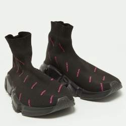 Pre Owned Balenciaga Black/Pink Logo Print Knit Fabric Speed Trainer Sneakers Size 39