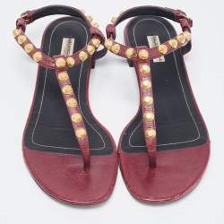 Pre Owned Balenciaga Burgundy Leather Arena Ankle Strap Flats Size 40