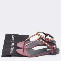 Pre Owned Balenciaga Burgundy Leather Arena Ankle Strap Flats Size 40