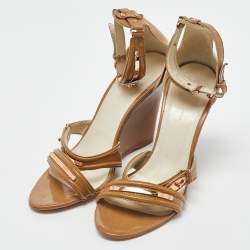 Pre Owned Balenciaga Beige Patent Leather Wedge Ankle Strap Sandals Size 41