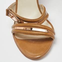 Pre Owned Balenciaga Beige Patent Leather Wedge Ankle Strap Sandals Size 41