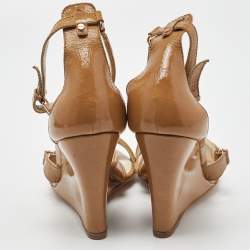 Pre Owned Balenciaga Beige Patent Leather Wedge Ankle Strap Sandals Size 41