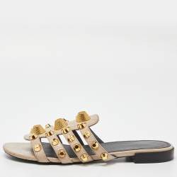Pre Owned Balenciaga Beige Leather Arena Flat Slides Size 38