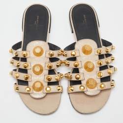 Pre Owned Balenciaga Beige Leather Arena Flat Slides Size 38
