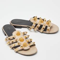 Pre Owned Balenciaga Beige Leather Arena Flat Slides Size 38