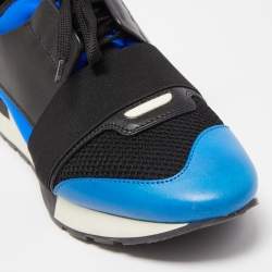 Pre Owned Balenciaga Black/Blue Leathe and Mesh Race Runner Low Sneakers Size 39