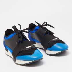 Pre Owned Balenciaga Black/Blue Leathe and Mesh Race Runner Low Sneakers Size 39
