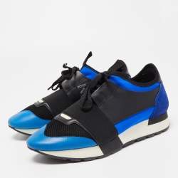 Pre Owned Balenciaga Black/Blue Leathe and Mesh Race Runner Low Sneakers Size 39