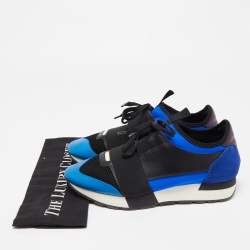 Pre Owned Balenciaga Black/Blue Leathe and Mesh Race Runner Low Sneakers Size 39