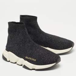 Pre Owned Balenciaga Black Glitter Knit Fabric Speed Trainer Sneakers Size 38