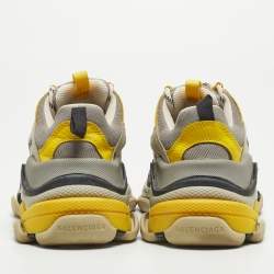 Pre Owned Balenciaga Grey/Yellow Leather and Mesh Triple S Sneakers Size 36
