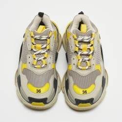 Pre Owned Balenciaga Grey/Yellow Leather and Mesh Triple S Sneakers Size 36