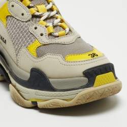 Pre Owned Balenciaga Grey/Yellow Leather and Mesh Triple S Sneakers Size 36