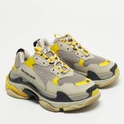 Pre Owned Balenciaga Grey/Yellow Leather and Mesh Triple S Sneakers Size 36