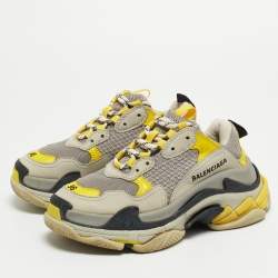 Pre Owned Balenciaga Grey/Yellow Leather and Mesh Triple S Sneakers Size 36