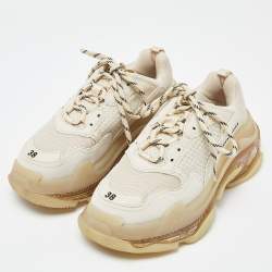 Pre Owned Balenciaga Beige Leather and Mesh Triple S Clear Sneakers Size 38