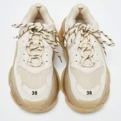 Pre Owned Balenciaga Beige Leather and Mesh Triple S Clear Sneakers Size 38