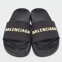Pre Owned Balenciaga Black Rubber Logo Embossed Flat Slides Size 39