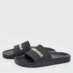 Pre Owned Balenciaga Black Rubber Logo Embossed Flat Slides Size 39
