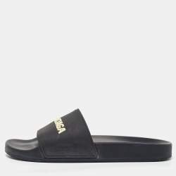 Pre Owned Balenciaga Black Rubber Logo Embossed Flat Slides Size 39