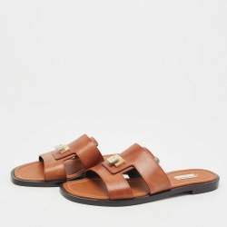 Pre Owned Balenciaga Brown Leather Flat Slides Size 40.5 