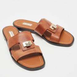 Pre Owned Balenciaga Brown Leather Flat Slides Size 40.5 