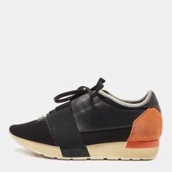 Balenciaga Black/Yellow Leather and Mesh Race Runner Sneakers Size 37