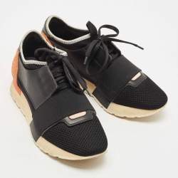 Balenciaga Black/Yellow Leather and Mesh Race Runner Sneakers Size 37