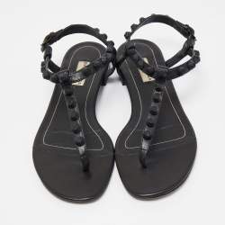 Pre Owned Balenciaga Black Leather Studded Arena Flat Sandals Size 36