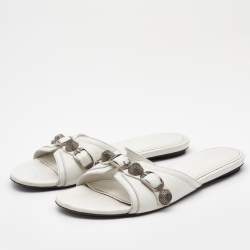 Balenciaga White  Leather Cagole Flat Slides Size 36