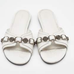 Balenciaga White  Leather Cagole Flat Slides Size 36