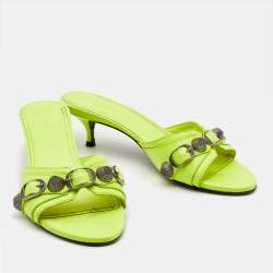 Pre Owned Balenciaga Neon Yellow Leather Le Cagole Slide Sandals Size 36