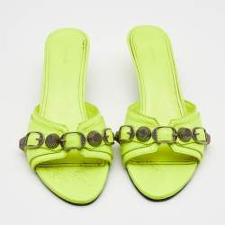 Pre Owned Balenciaga Neon Yellow Leather Le Cagole Slide Sandals Size 36