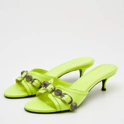 Pre Owned Balenciaga Neon Yellow Leather Le Cagole Slide Sandals Size 36