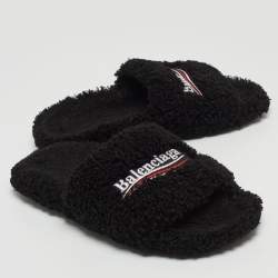 Balenciaga Black Shearing Fur Flat Slides Size 38 